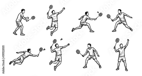 Dynamic Badminton Player Vector Sketch Set: Hand Drawn Male Athletes in Action Poses with Rackets and Shuttlecock, Ideal for Sport, Fitness, and Competition Designs, Line Art Collection