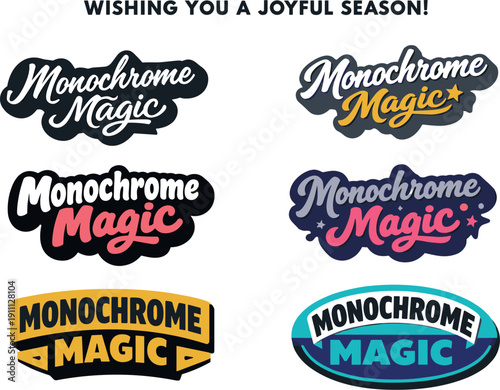 Monochrome Magic Set. Modern holiday banner with short greeting slogan featuring modern lettering logo set for Monochrome Magic,