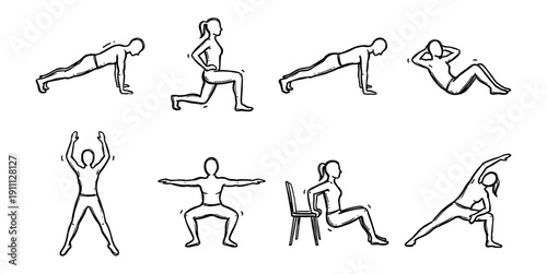 Hand-Drawn Fitness Workout Exercise Vector Icons Set: Planks, Squats, Lunges, Sit-ups, Dips for Home Gym Training & Healthy Lifestyle Infographics