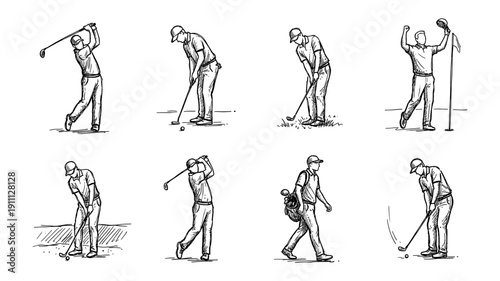 Hand-Drawn Golf Player Actions Vector Set: Golfer Swinging, Putting, Walking, and Celebrating on Course. Dynamic Sketch Line Art Illustrations for Sports, Leisure, and Game Design.