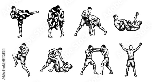 MMA Fighter Mixed Martial Arts Set Vector Illustration - Combat Sport Athletes Sketch Collection featuring Kickboxing Wrestling Jiu Jitsu Muay Thai Boxing Poses Hand Drawn Ink Style