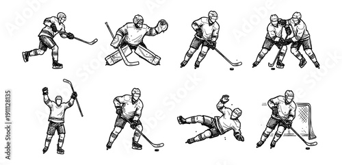 Ice Hockey Players Action Sketches Set Vector Hand Drawn Sketch Bundle Professional Athlete Goalie Forward Defender Icons Sports Equipment Illustrations for Design