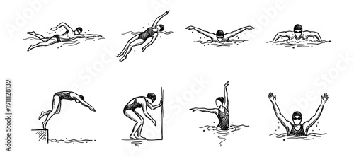 Swimming Athlete Hand Drawn Sketch Vector Set, Professional Swimmer Icons for Olympic Sports Competition, Freestyle Butterfly Backstroke Diving and Synchronized Swimming Illustrations
