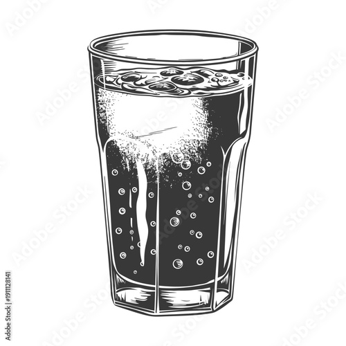 A tall glass of bubbly beverage sits on a white background