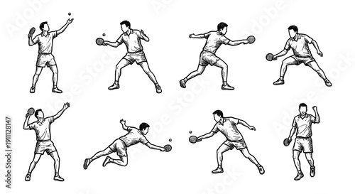 Table Tennis Player Action Poses Sketch Ping Pong Athlete Set Serving Smashing Playing Vector Illustration Hand Drawn Ink Drawing Sport Competition Fitness Activity Graphic Element for Design