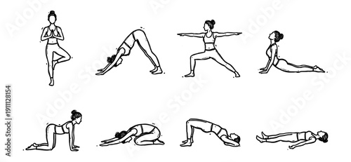 Minimalist Hand Drawn Yoga Poses Set Vector Illustration - Black Line Art Sketch of Women Doing Asanas for Fitness Wellness Meditation and Healthy Lifestyle Branding