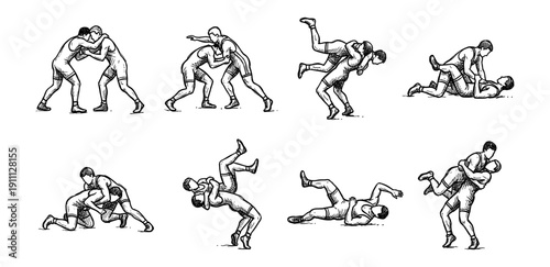 Wrestling Sketches Set Vector - Freestyle Greco-Roman Wrestlers Grappling and Takedown Poses Hand-Drawn Collection for Sports Design