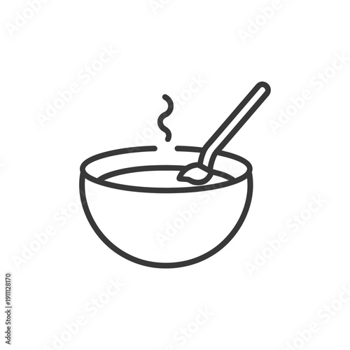 A simple black line drawing of a bowl and spoon