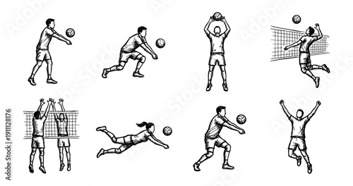 Volleyball Players Action Sketch Set - Hand Drawn Athletic Illustrations of Spike, Serve, Block, Jump, and Dive - Vintage Sports Ink Drawing Clipart for Competition and Team Branding
