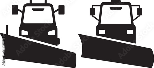 Snow Plow Truck Icons, Front View Silhouette for Winter Road Clearing and Maintenance Services