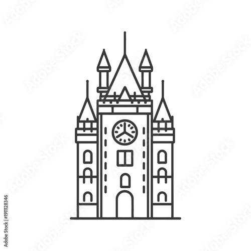 A stylized illustration of a clock tower with spires