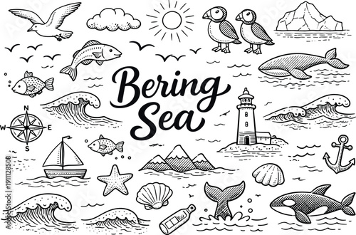 Calm Bering Sea waves, hand drawn doodle elements set, center hand-lettered title, black & white vector line art, bold clean