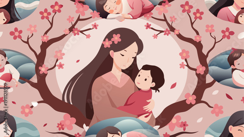 Mother and child loving family cartoon vector illustration with hearts and flowers