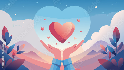 Romantic heart-shaped balloon floating in pink and blue sky with clouds Valentine illustration design