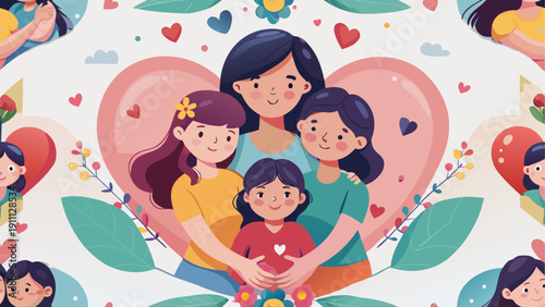 Happy cartoon family enjoying joyful moments with children playing together during a fun holiday celebration in the park and by the beach