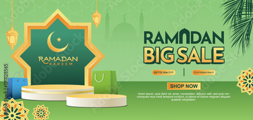 Ramadan big sale voucher and promotion banner with golden lanterns on green Islamic geometric pattern background and podium for big shopping event.