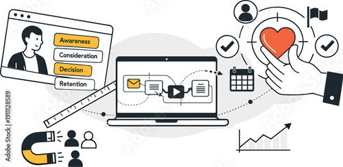 Modern minimal flat vector conceptual collage, crisp hard edges, consistent THIN outline stroke, rounded corners where needed,