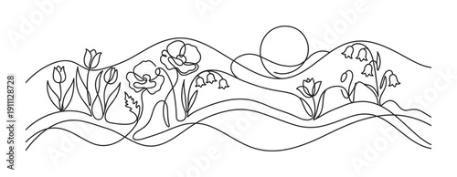 Continuous one line drawing of spring flowers like tulips, poppies, and lily of the valley creates a minimalist landscape with a sun in an elegant, artistic black and white style