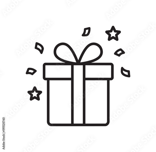 Black line art gift box icon with a bow, surrounded by festive confetti and stars, representing a celebration, surprise, or special occasion in a minimalist graphic style