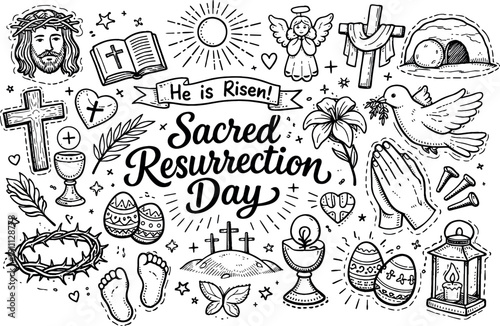 Sacred resurrection day concept, hand drawn doodle elements set, center hand-lettered title, black & white vector line art, bold
