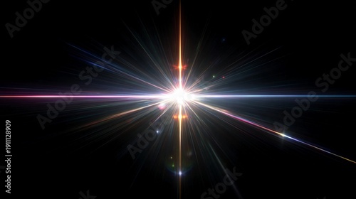 Bright light shines in the dark space, showing beams and rays in various colors and directions during an unknown event