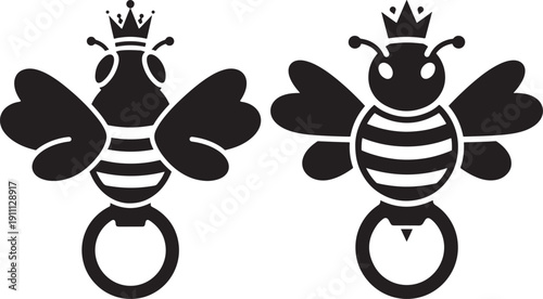 Queen Bee Icons with Crown and Ring, Symbolizing Leadership, Royalty, and Productivity
