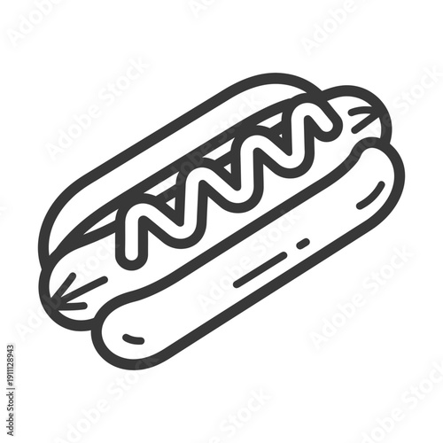 A simple outlined illustration depicting a classic hotdog with condiments
