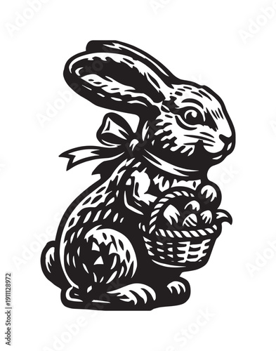 Black and white Easter bunny illustration holding a basket full of eggs, rendered in a vintage woodcut style with a charming ribbon tied around its neck for a festive feel