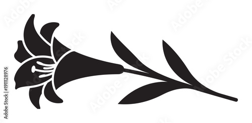 Black silhouette of a lily flower with a stem and leaves in a simple, elegant graphic style, showing the bloom, petals, and stamens in a minimalist vector illustration