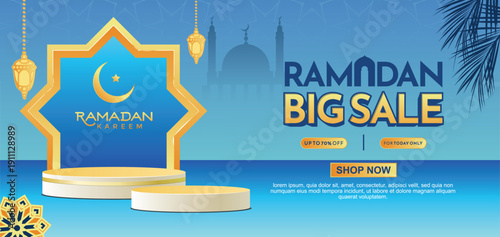 Ramadan big sale voucher and promotion banner with golden lanterns on blue Islamic geometric pattern background and podium for big shopping event.