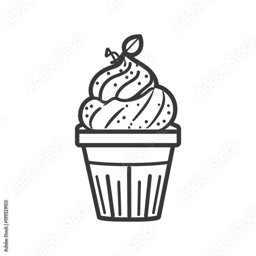 Simple line drawing of a decorated cupcake with a garnish