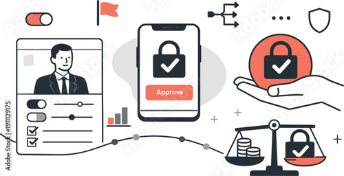 Modern minimal flat vector conceptual collage, crisp hard edges, consistent THIN outline stroke, rounded corners where needed,