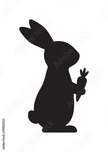 Black silhouette of a cute rabbit holding a small carrot in its paws, standing upright in a simple graphic illustration style for Easter or spring holiday themes