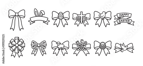 Collection of black line art Easter bows and ribbons featuring various spring and religious symbols like eggs, a cross, a lamb, and flowers, presented as a set of icons