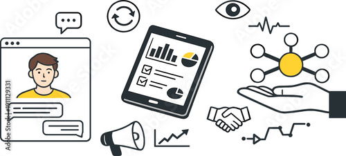 Modern minimal flat vector conceptual collage, crisp hard edges, consistent THIN outline stroke, rounded corners where needed,