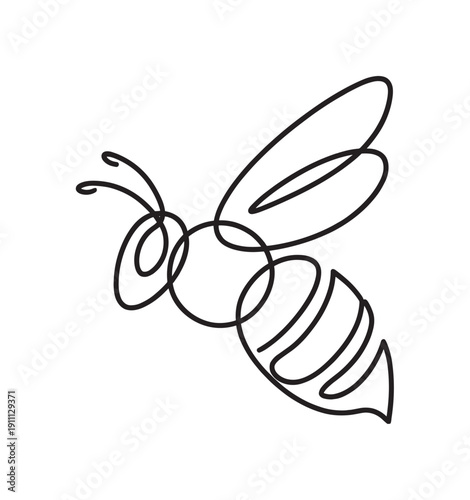 Minimalist one line drawing of a bee in flight, created with a single continuous black stroke in a modern, elegant style, representing nature, honey, and simplicity