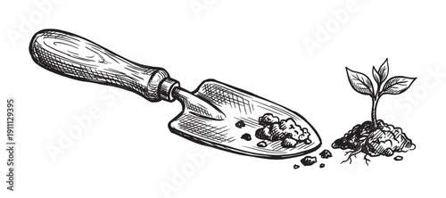 Hand-drawn garden trowel with soil and a young plant seedling with roots in a vintage sketch style illustration for concepts of growth, planting, and new beginnings
