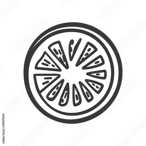 A drawn black and white illustration of a citrus fruit slice