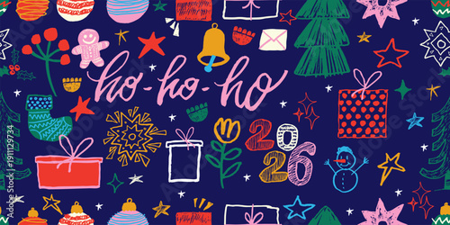 Hand drawing colored cute christmas doodle seamless pattern. Fashionable items for cozy winter. Hand drawn vector elements, Christmas tree, gift boxes, twig, gingerbread, snowflake, Christmas toy.