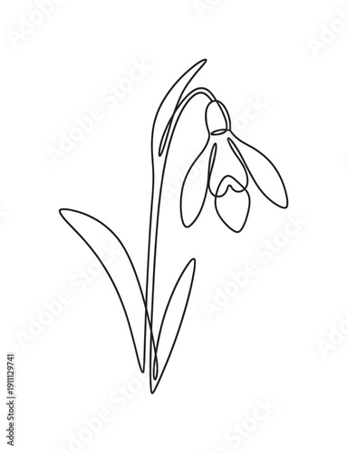 Delicate snowdrop flower drawn in a continuous single line style, showcasing a minimalist and elegant botanical illustration with graceful curves and a simple, modern aesthetic