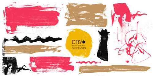 Colorful dry brush strokes, blots, vector paint stains. Text boxes, frames, artistic textured backgrounds. Set of Hand drawn art grunge rectangles, paintbrush, wide stripes, uneven shapes, rough edges