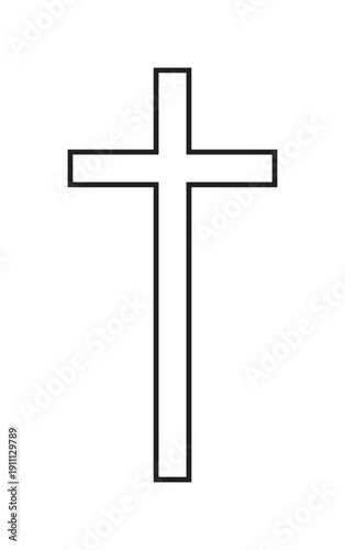 Simple black outline of a Christian cross symbol representing faith, religion, and spirituality in a minimalist line art style for graphic design and conceptual use