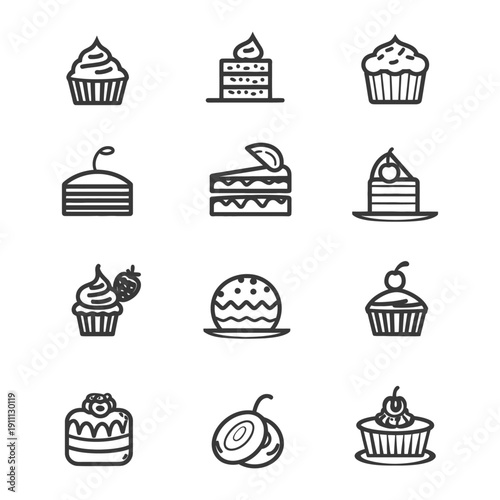 Simplified and stylized graphical depictions of various pastries and cakes