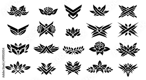 Collection of black tribal symbols including wings, rose flowers, and laurel wreaths for tattoo or esports logo design templates
