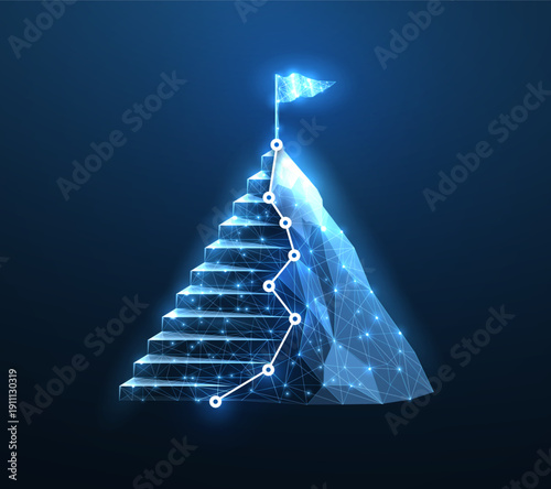 Glowing mountain peak with stairs and connected path on dark blue background. Success, achievement, goal tracking, leadership, progress journey, ambition concept. Vector illustration.