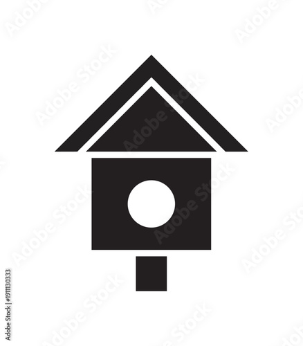 Black birdhouse icon with a triangular roof, round entrance hole, and a small post, presented as a simple, flat, and minimalist graphic symbol for various design concepts