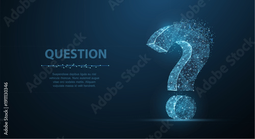 Glowing question mark made of particles on dark blue background. Inquiry, uncertainty, problem solving, curiosity, information search, abstract thinking concept. Vector illustration.