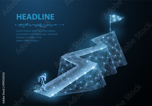 Person walking up glowing zigzag path toward flag on dark background. Success journey, challenge, progress, achievement, ambition, goal roadmap concept. Vector illustration.