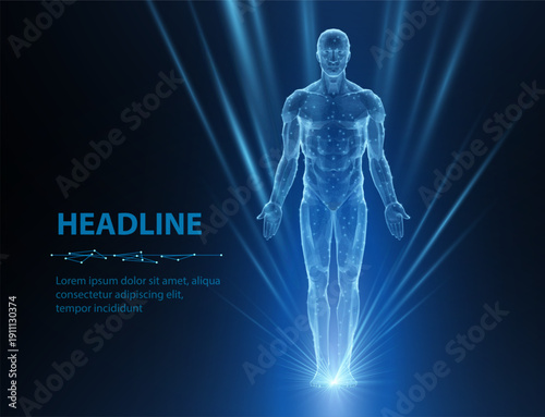 Futuristic transparent human body standing in blue light beams. Anatomy scan, medical technology, biometric analysis, healthcare monitoring, digital diagnostics concept. Vector illustration.