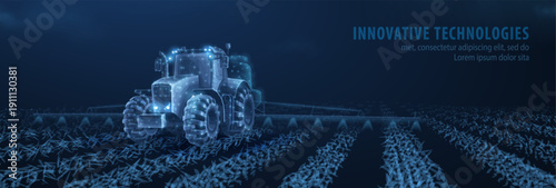Futuristic tractor driving across digital farmland on blue background. Smart agriculture, modern farming, autonomous vehicle, precision cultivation, agrotech innovation concept. Vector illustration.